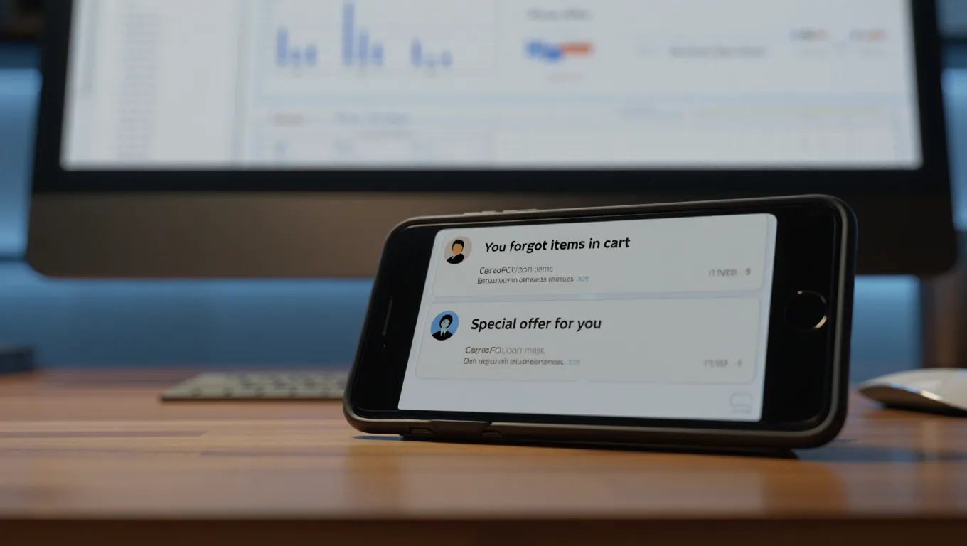 A smartphone on a desk showing CRM notifications about an abandoned cart and a special offer