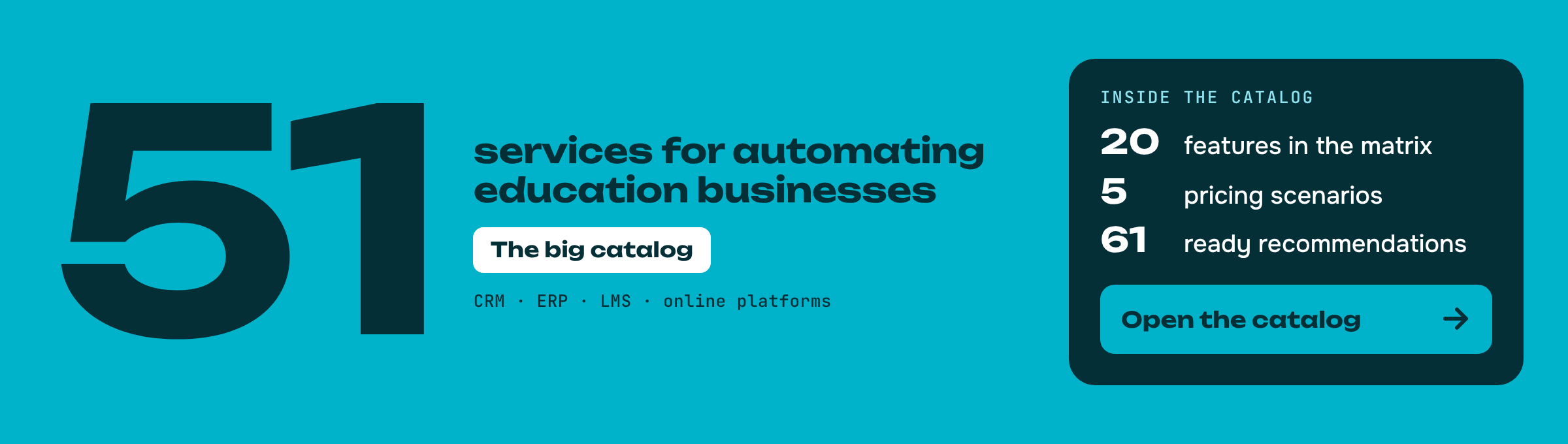 Catalog of 51 services for automating education businesses: CRM, ERP, LMS and online platforms